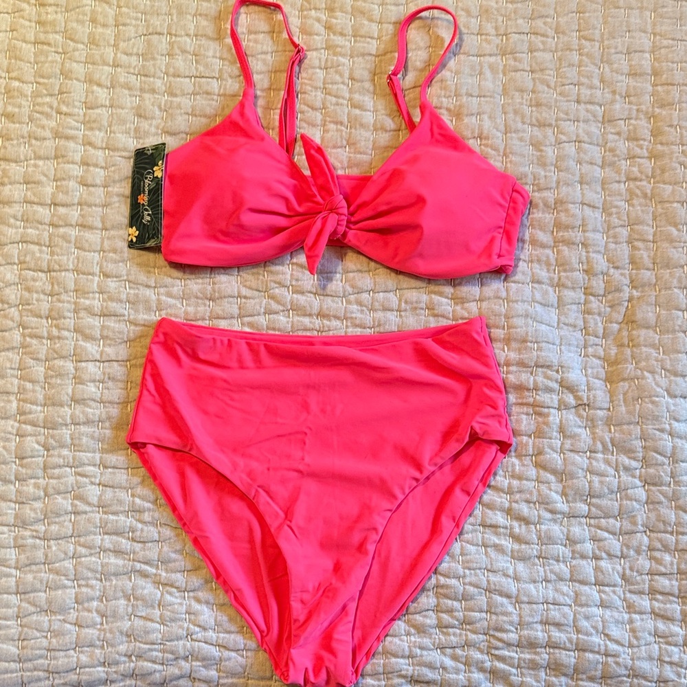 High-Waist Knot Front Bikini Set in Hot Pink